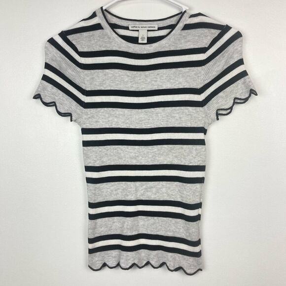 AUTUMN CASHMERE Striped Scallop Edge Ribbed Baby Tee.  Size S - Picture 5 of 13